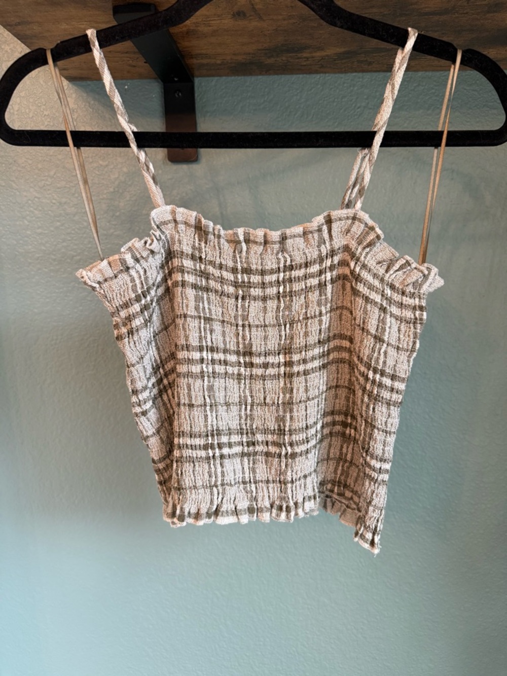 Crescent Smocked Plaid Crop Top Neutral Green/Cream Cottagecore Ruffle Cami Sm